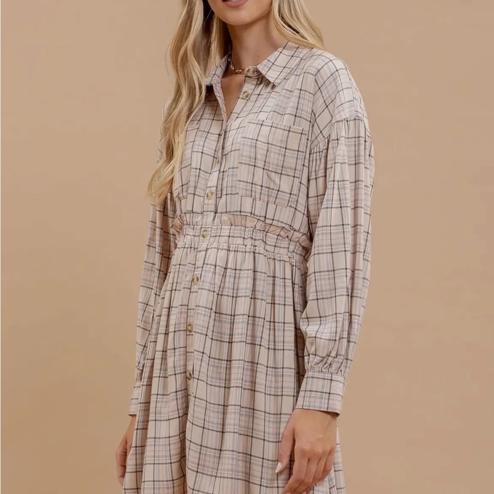 Blu Pepper Neutral Plaid Button-Up Mini Dress